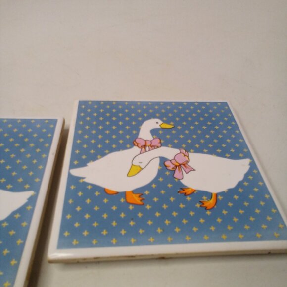 Vintage Ceramic Tile Trivet Coaster Geese 80s Blue White Lot of 2 - Picture 7 of 10